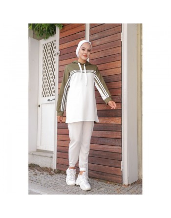Survêtement Sport femme (Ensemble deux pièces sweet à capuche et pantalon) - Couleur Blanc et Kaki 