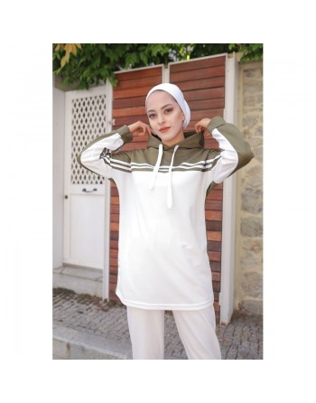 Survêtement Sport femme (Ensemble deux pièces sweet à capuche et pantalon) - Couleur Blanc et Kaki 