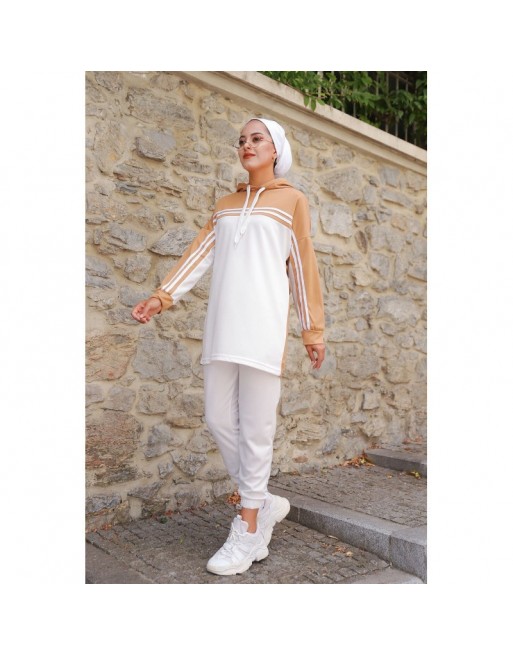 Survêtement femme (Ensemble sport Sweat à capuche et Pantalon) - Couleur Blanc et Beige Survêtement femme (Ensemble sport Sweat à capuche et Pantalon) - Couleur Blanc et Beige