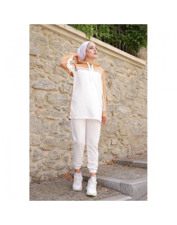 Survêtement femme (Ensemble sport Sweat à capuche et Pantalon) - Couleur Blanc et Beige 