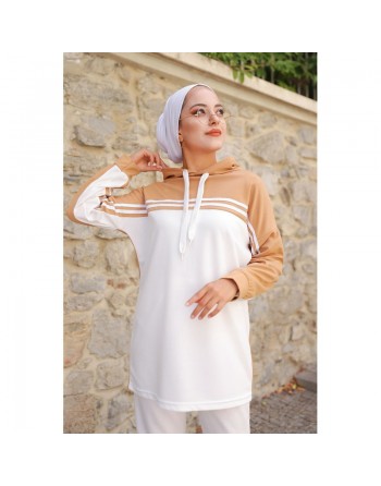 Survêtement femme (Ensemble sport Sweat à capuche et Pantalon) - Couleur Blanc et Beige 