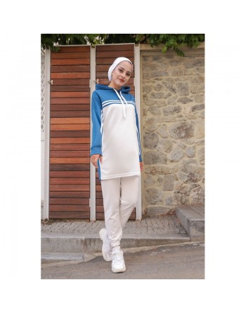 Survêtement femme (Ensemble décontracté sweet à capuche et pantalon) - Couleur Blanc et Bleu indigo 
