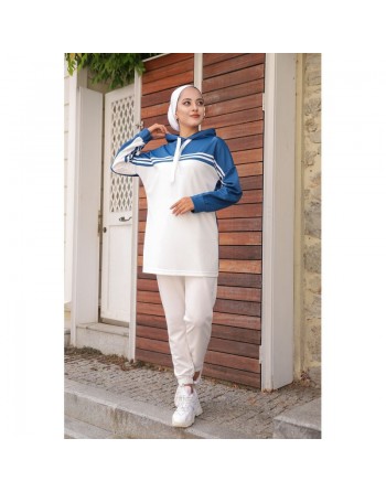 Survêtement femme (Ensemble décontracté sweet à capuche et pantalon) - Couleur Blanc et Bleu indigo 