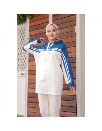 Survêtement femme (Ensemble décontracté sweet à capuche et pantalon) - Couleur Blanc et Bleu indigo 