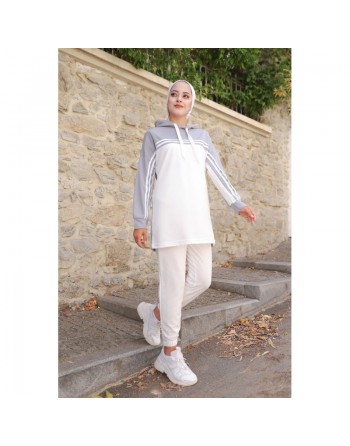 Survêtement femme (Ensemble Urban deux pièces : sweat à capuche et pantalon) - Couleur Blanc et Gris 