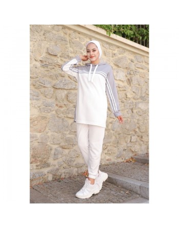 Survêtement femme (Ensemble Urban deux pièces : sweat à capuche et pantalon) - Couleur Blanc et Gris 