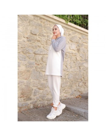 Survêtement femme (Ensemble Urban deux pièces : sweat à capuche et pantalon) - Couleur Blanc et Gris 