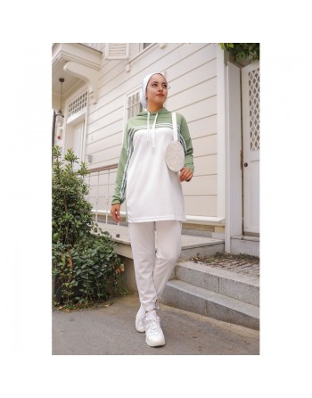 Survêtement femme (Ensemble deux pièces sweet à capuche et pantalon) - Couleur Blanc et Vert amande 