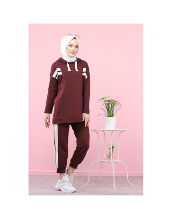 Survêtement Sport 2 pièces (Sportswear pour femme musulmane sportive voilée) - Couleur blanc et pourpre 