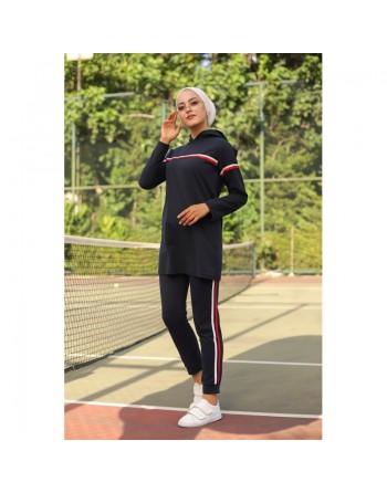 Survêtement avec sweat-shirt à capuche et pantalon jogging type sportswear - Couleur bleu marine 