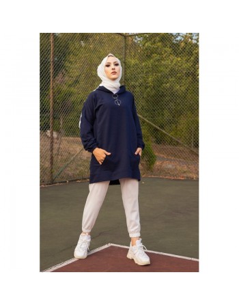 Sweat avec capuche pour femme inscription au dos "I am where are you?" (Hijab sport) - Couleur bleu marine 