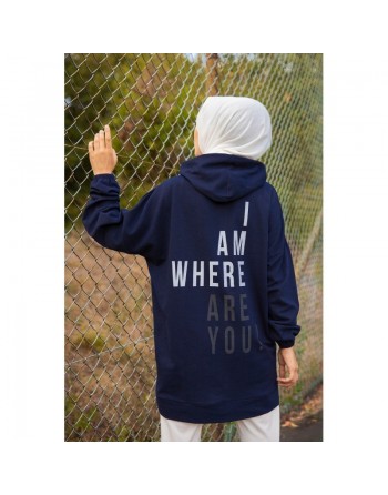 Sweat avec capuche pour femme inscription au dos "I am where are you?" (Hijab sport) - Couleur bleu marine 