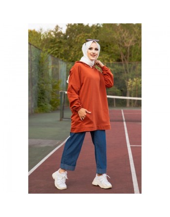 Sweat avec capuche pour femme inscription au dos "I am where are you?" (Tenue décontractée hiijab) - Couleur brique 