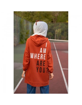 Sweat avec capuche pour femme inscription au dos "I am where are you?" (Tenue décontractée hiijab) - Couleur brique 