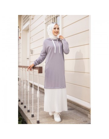 Robe longue à capuche effet plissée pour femme (Vetement moderne pour hijab - Mode Musulmane) - Couleur Gris et Blanc 