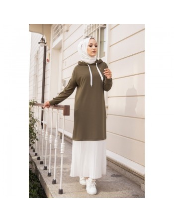 Robe longue à capuche effet plissée pour femme (Vetement moderne pour hijab) - Couleur Kaki et Blanc 