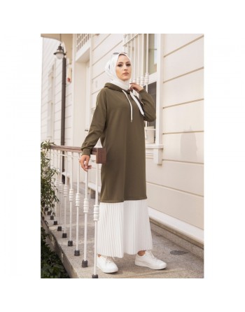 Robe longue à capuche effet plissée pour femme (Vetement moderne pour hijab) - Couleur Kaki et Blanc 
