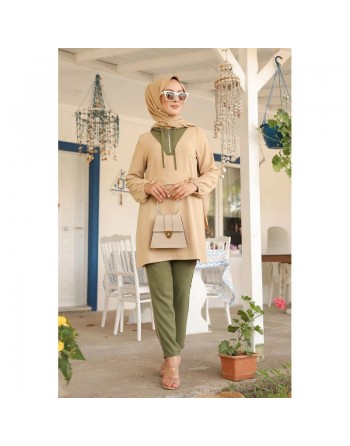 Ensemble casual tunique à capuche et pantalon (Mode Musulmane Femme voilée) - Couleur beige et kaki 
