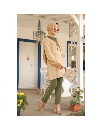 Ensemble casual tunique à capuche et pantalon (Mode Musulmane Femme voilée) - Couleur beige et kaki 