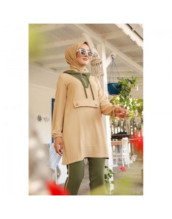 Ensemble casual tunique à capuche et pantalon (Mode Musulmane Femme voilée) - Couleur beige et kaki 