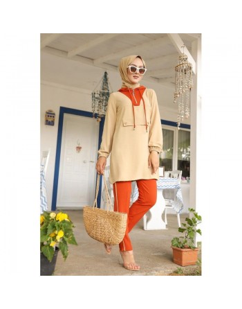 Ensemble casual tunique à capuche et pantalon (Modest Fashion) - Couleur beige et brique 