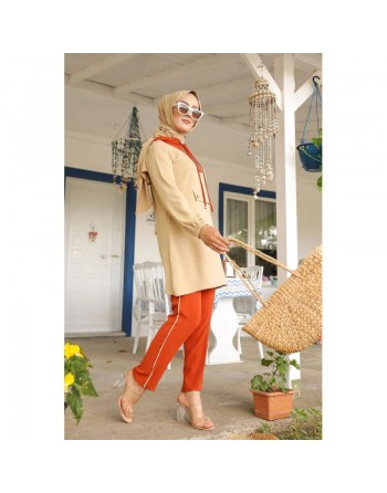 Ensemble casual tunique à capuche et pantalon (Modest Fashion) - Couleur beige et brique 