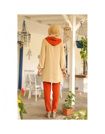 Ensemble casual tunique à capuche et pantalon (Modest Fashion) - Couleur beige et brique 