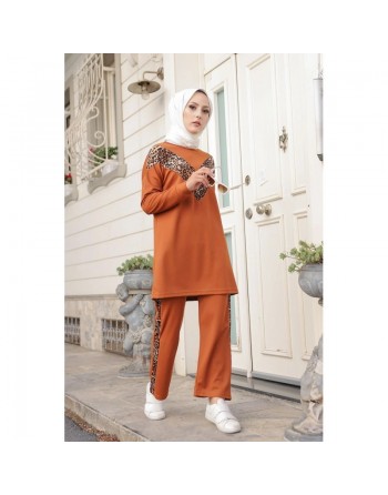 Ensemble survêtement 2 pièces léopard (Vêtement Sport Mastour pour Femme) - Couleur rouille 