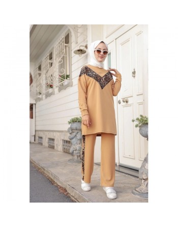 Ensemble survêtement 2 pièces léopard (Vêtement Sport Mastour pour Femme) - Couleur beige foncé 
