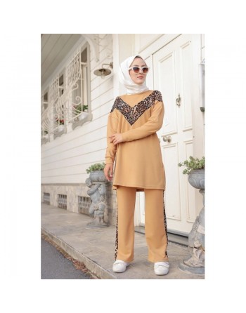 Ensemble survêtement 2 pièces léopard (Vêtement Sport Mastour pour Femme) - Couleur beige foncé 