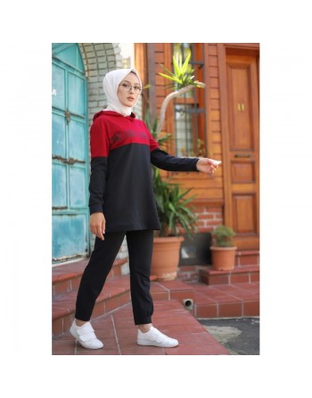 Survêtement hijab sport à capuche pour femme musulmane (Ensemble Sportswear) - Couleur noir et bordeaux 