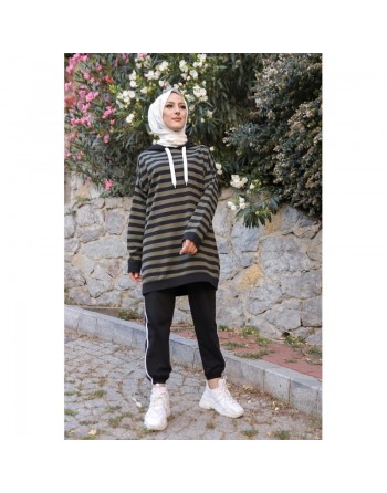 Ensemble décontracté de type sports-wear pour femme musulmane - Survêtement 2 pièces à rayures - Couleur kaki et noir 