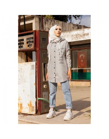 Tunique-Chemise imprimée avec capuche (Vetement Mode Musulmane Turquie) - Rayures noires 