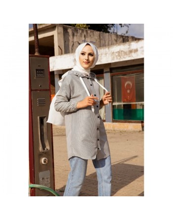 Tunique-Chemise imprimée avec capuche (Vetement Mode Musulmane Turquie) - Rayures noires 