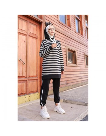 Survêtement Hijab jogging musulman 2 pièces - Tunique à rayure pour femme voilée - Couleur gris et noir 