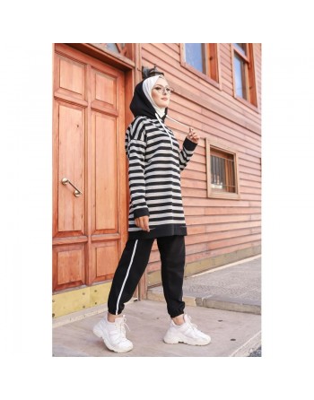Survêtement Hijab jogging musulman 2 pièces - Tunique à rayure pour femme voilée - Couleur gris et noir 
