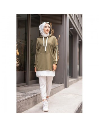 Tunique sport bicolore pour femme musulmane (Tenue Hijab sportswear) - Couleur blanc et kaki 