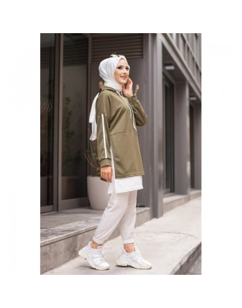 Tunique sport bicolore pour femme musulmane (Tenue Hijab sportswear) - Couleur blanc et kaki 