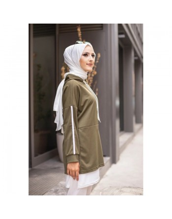 Tunique sport bicolore pour femme musulmane (Tenue Hijab sportswear) - Couleur blanc et kaki 