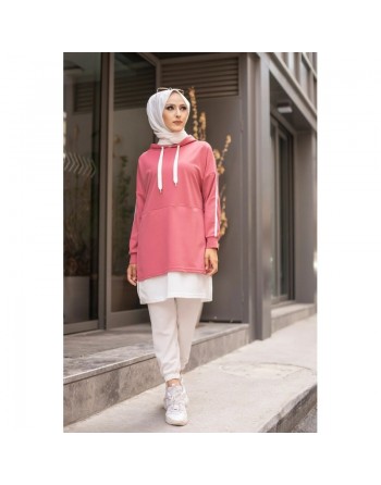 Tunique sportive bicolore pour femme musulmane - Sweat à capuche tendance pas cher - Couleur blanc et rose 