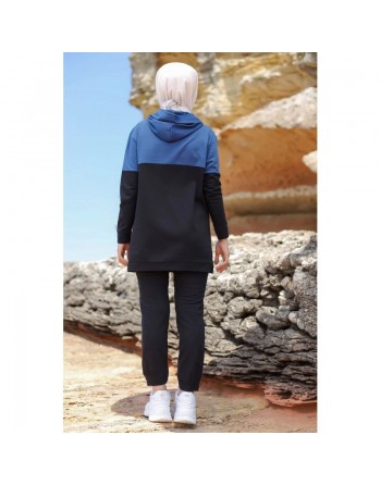 Ensemble Survêtement bi-couleur à capuche pour femme musulmane inscription "Love" - Couleur noir et Bleu indigo 