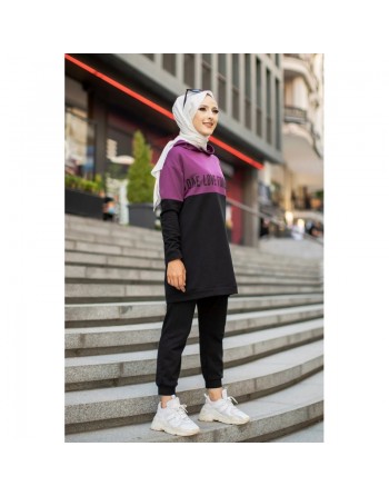 Ensemble Survêtement bi-couleur à capuche pour femme voilée (Hijab Sport Ootd - Boutique en ligne) - Couleur Mauve 
