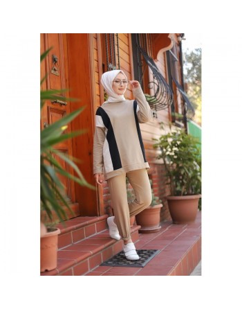 Ensemble survêtement 2 pièces pour femme (Mode musulmane - Prêt-à-porter Modest Fashion France) - Couleur beige 