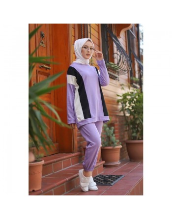 Ensemble survêtement 2 pièces (Sweat et pantalon) pour femme voilée - Couleur mauve 