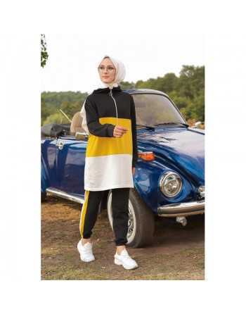 Ensemble survêtement tricolore pour femme : tunique zippée à capuche et pantalon (Vetement islam) - Couleur noir blanc et... 