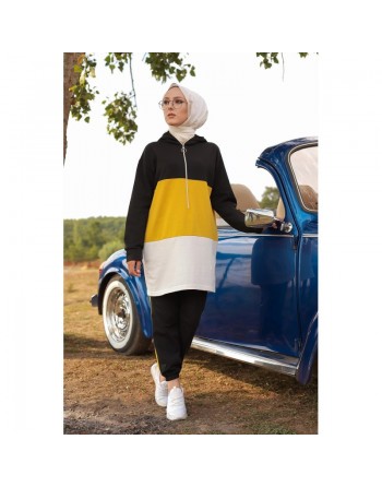 Ensemble survêtement tricolore pour femme : tunique zippée à capuche et pantalon (Vetement islam) - Couleur noir blanc et... 