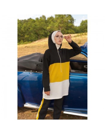 Ensemble survêtement tricolore pour femme : tunique zippée à capuche et pantalon (Vetement islam) - Couleur noir blanc et... 
