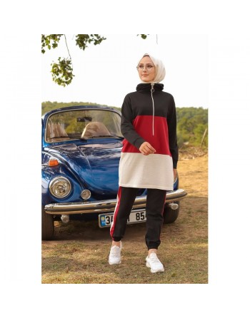 Ensemble survêtement tricolore pour femme : tunique zippée à capuche et pantalon (Vetement Hijab 2021) - Couleur noir... 
