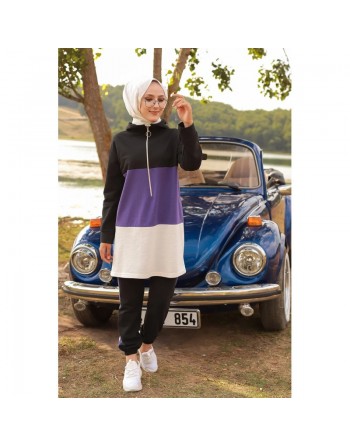 Ensemble survêtement tricolore pour femme : tunique zippée à capuche et pantalon - Couleur noir blanc et Lilas 