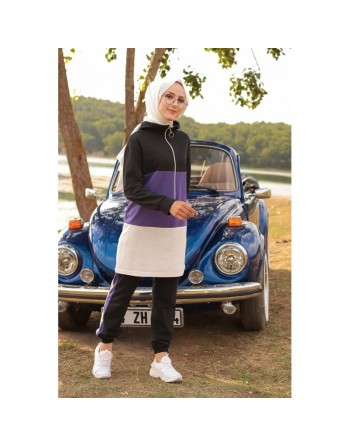 Ensemble survêtement tricolore pour femme : tunique zippée à capuche et pantalon - Couleur noir blanc et Lilas 